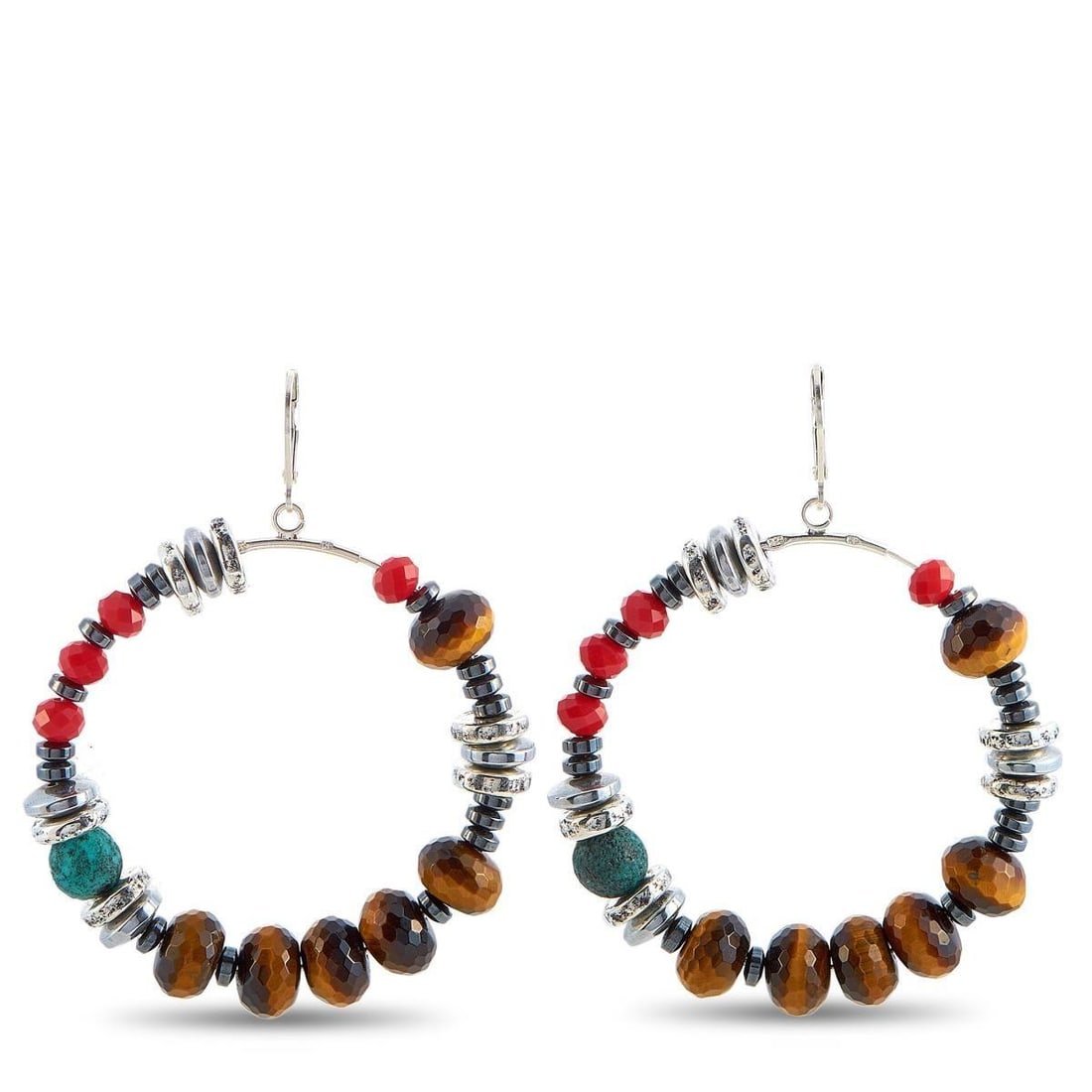 KING BABY SILVER CERAMIC, HEMATITE AND CZECH GLASS BEAD HOOP EARRINGS: These King Baby earrings are made of silver and embellished with ceramic, hematites, and Czech glass beads. The earrings measure 2.50 in length and 0.37 in width and each of the two weighs 15 grams.Th