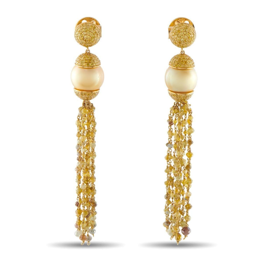 SOPHIA D 18K YELLOW GOLD 1.30CT DIAMOND AND PEARL DANGLE EARRINGS: These Sophia D. dangle earrings begin with a soft glow, then a quiet cascade. The pearl is framed top and bottom by pav-set yellow gold caps, each surface covered with yellow diamonds. Beneath, multip