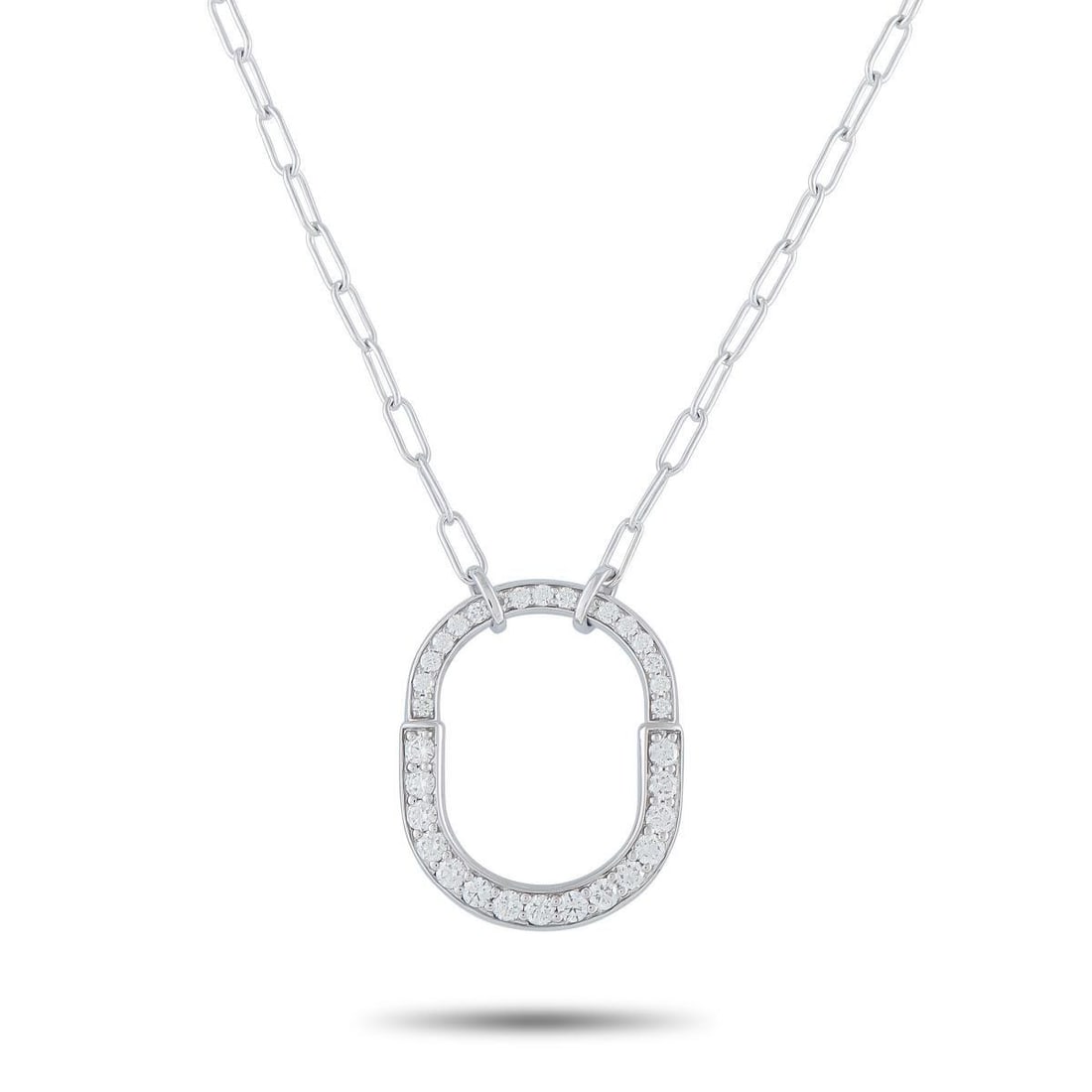TIFFANY & CO. LOCK 18K WHITE GOLD DIAMOND PENDANT NECKLACE SIZE LARGE: This Tiffany & Co. Lock necklace features a padlock design that hails from The Tiffany Archives. Crafted from 18K White Gold, the minimalist pendant is elevated by sparkling Diamonds. This pieces Size
