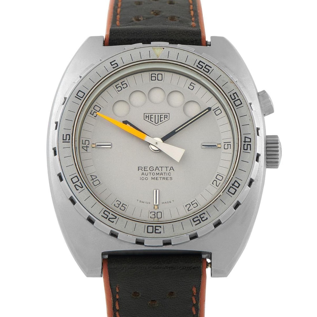 TAG HEUER REGATTA TIMER GRAY PVD STEEL WATCH: A watch of rugged elegance, the TAG Heuer Regatta ref. 134.603 features a bold 1980s design. This vintage diver-style watch features a gray PVD-coated steel case measuring 42.5mm in diameter, worn on 