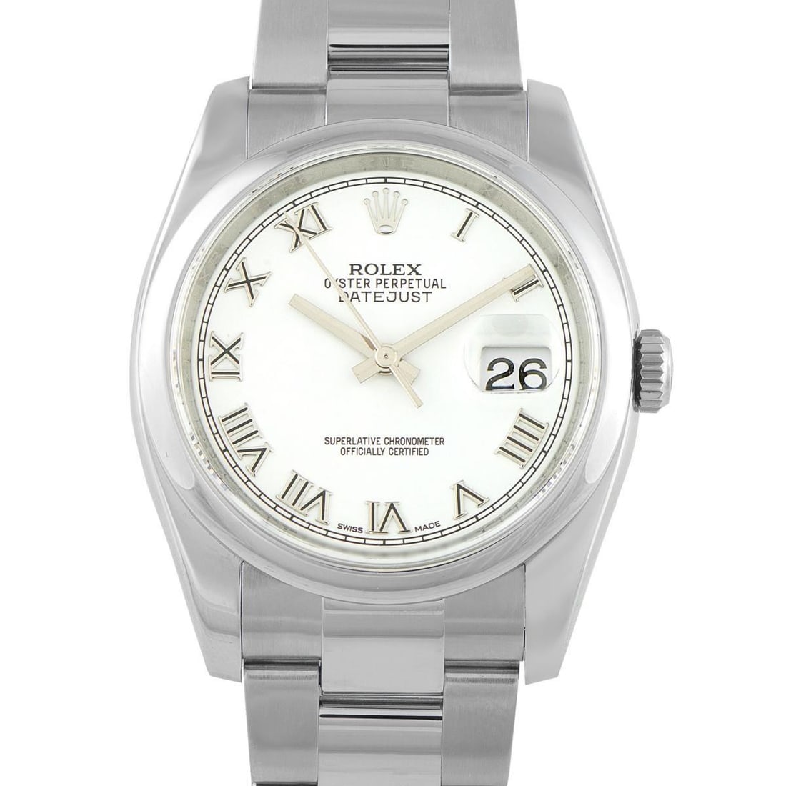 ROLEX DATEJUST 36 WHITE ROMAN DIAL STEEL OYSTER WATCH: The Datejust 36 ref. 116200 presents a refined presence in steel, its 36mm steel case paired with a smooth bezel and a matching steel bracelet. Its understated white dial is detailed with Roman numera
