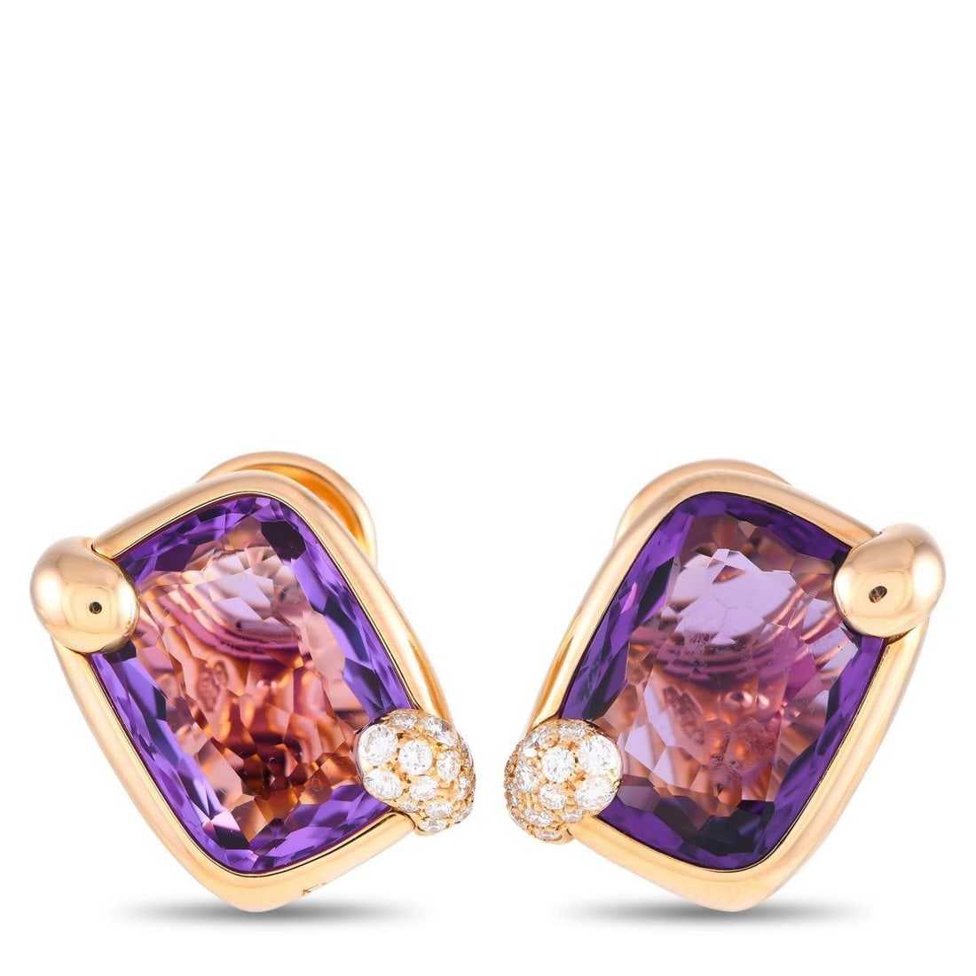 POMELLATO RITRATTO 18K YELLOW GOLD DIAMOND AND AMETHYST EARRINGS: Take an outfit up a notch with these Pomellato Ritratto ear clips. These yellow gold beauties feature a pair of amethysts on rectangular frames with rounded edges. A double-prong accent, one with pave
