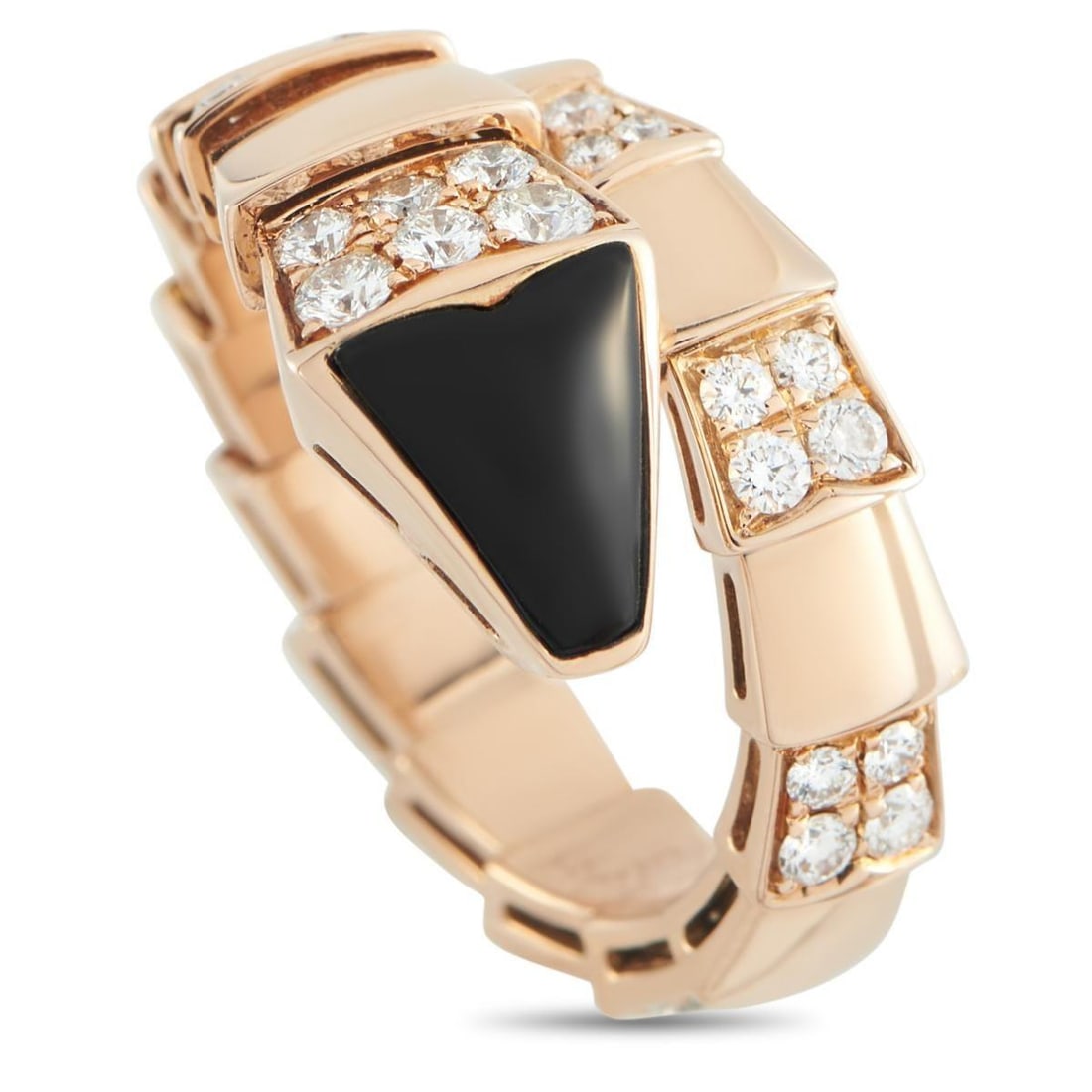 BVLGARI SERPENTI VIPER 18K ROSE GOLD DIAMOND RING: This Bvlgari Serpenti Viper ring captures the beauty of the luxury brands iconic snake motif an emblem meant to symbolize of endless metamorphosis. A reminder to embrace change, this radiant ring incl