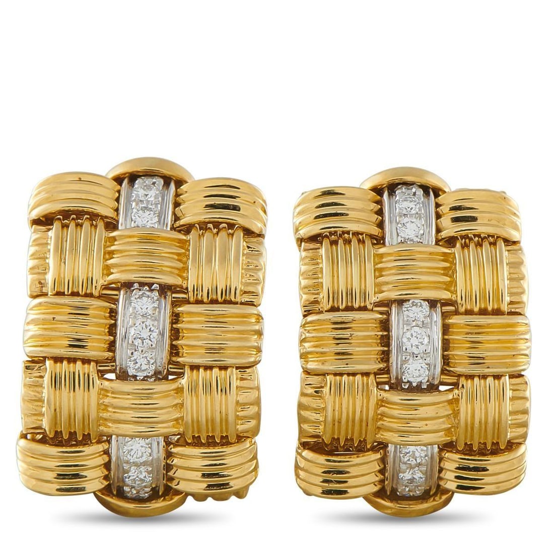 ROBERTO COIN APPASSIONATA 18K WHITE AND YELLOW GOLD WOVEN CLIP-ON EARRINGS: These Roberto Coin Appassionata earrings will add texture, dimension, and sparkle to any ensemble. Crafted from a combination of 18K Yellow Gold and 18K White Gold, Diamonds make a statement at the ce