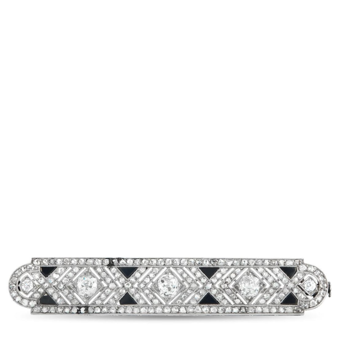 FRENCH ANTIQUE 18K WHITE GOLD 2.0CT DIAMOND AND ONYX BROOCH: This French Antique brooch exudes Art Deco opulence. The sleek, sophisticated design comes to life thanks to sparkling Diamonds totaling 2.0 carats. Onyx accents offer beautiful contrast from their pl