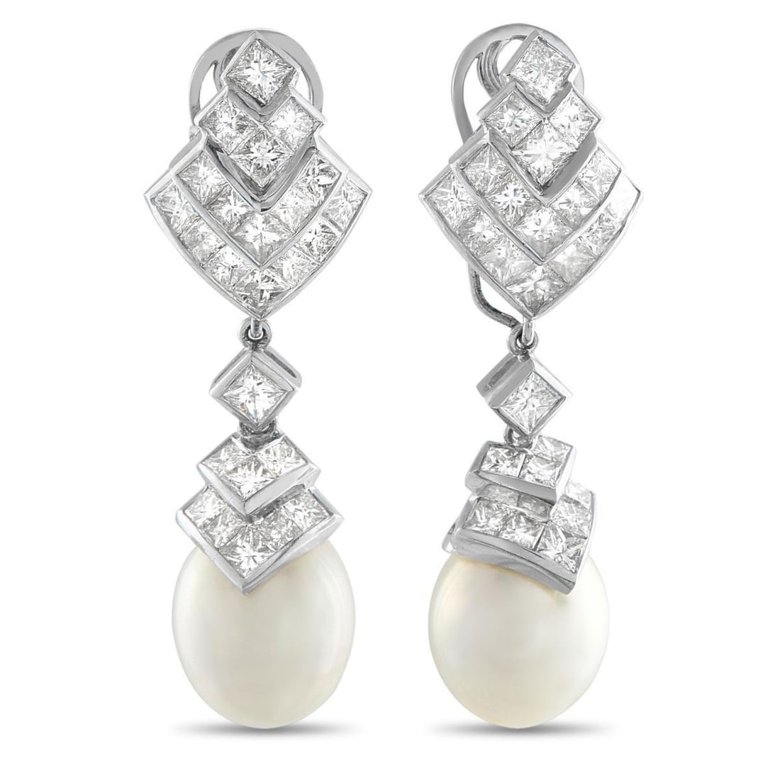 18K WHITE GOLD 8.0CT DIAMOND AND PEARL EARRINGS: These stunning earrings will instantly elevate any ensemble. The detailed 18K White Gold settings showcase Diamonds with a total weight of 8.0 carats. Pearls measuring 16mm by 13.8mm make them even mo
