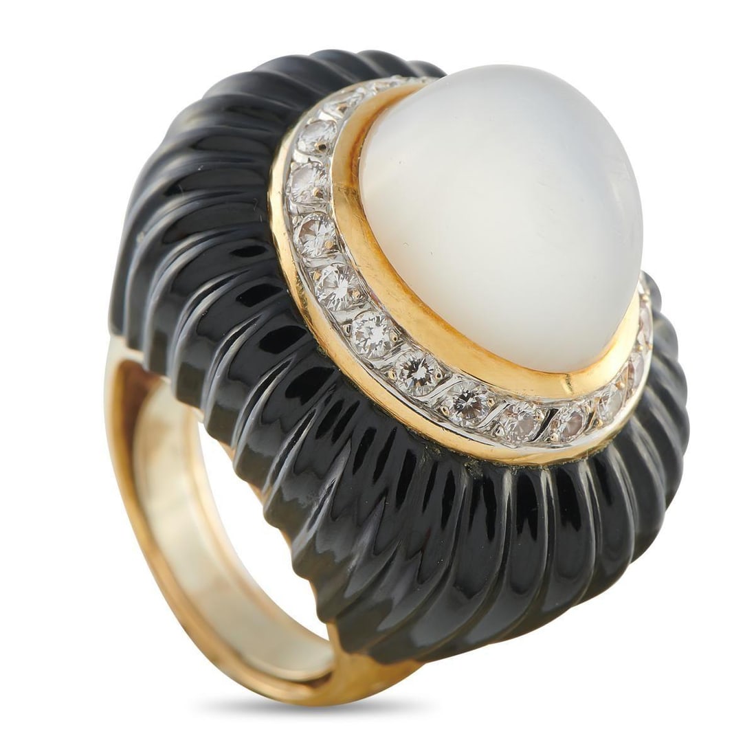 14K YELLOW GOLD 1.0CT DIAMOND, MOONSTONE, AND ONYX RING: Bold colors and textures make this luxury ring a work of art. A milky white Moonstone at the center is beautifully balanced by a sleek Onyx at the base. Diamonds with a total weight of 1.0 carats surr