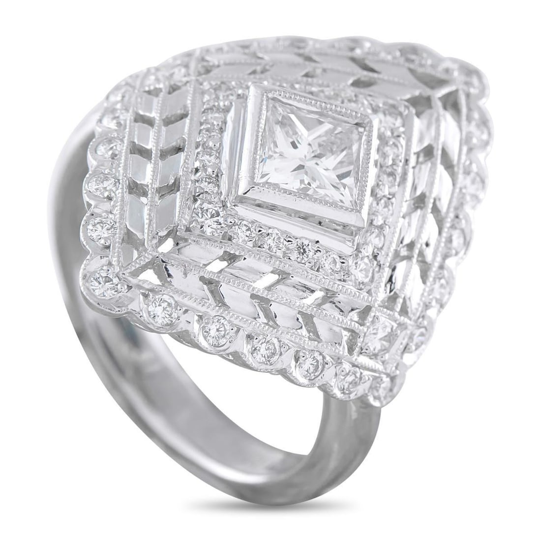 PLATINUM 0.91CT DIAMOND RING: An intricate, lace-like pattern makes this luxury ring a work of art. Incredibly elegant, Diamonds with a total weight of 0.91 carats elevate the Platinum setting. It features a 3mm wide band and a 5m