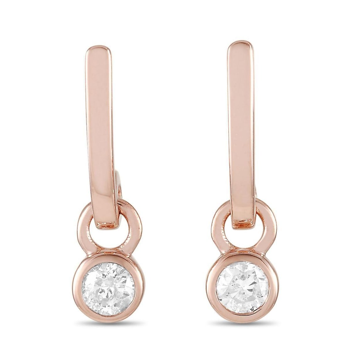 14K ROSE GOLD 0.29 CT DIAMOND EARRINGS: These earrings are made of 14K rose gold and embellished with diamonds that amount to 0.29 carats. The earrings measure 0.63 in length and 0.13 in width and each of the two weighs 1.15 grams.The pair 