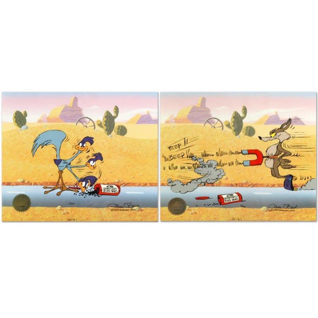 Road Runner and Coyote: Acme Birdseed Limited Edition Animation Cel Edition with Hand Painted Color,: Own this amazing piece based on the original line image hand drawn and hand-inked on paper by Mr. Jones! "Road Runner and Coyote:Acme Birdseed" is a sold out limited edition 2 part animation cel with 