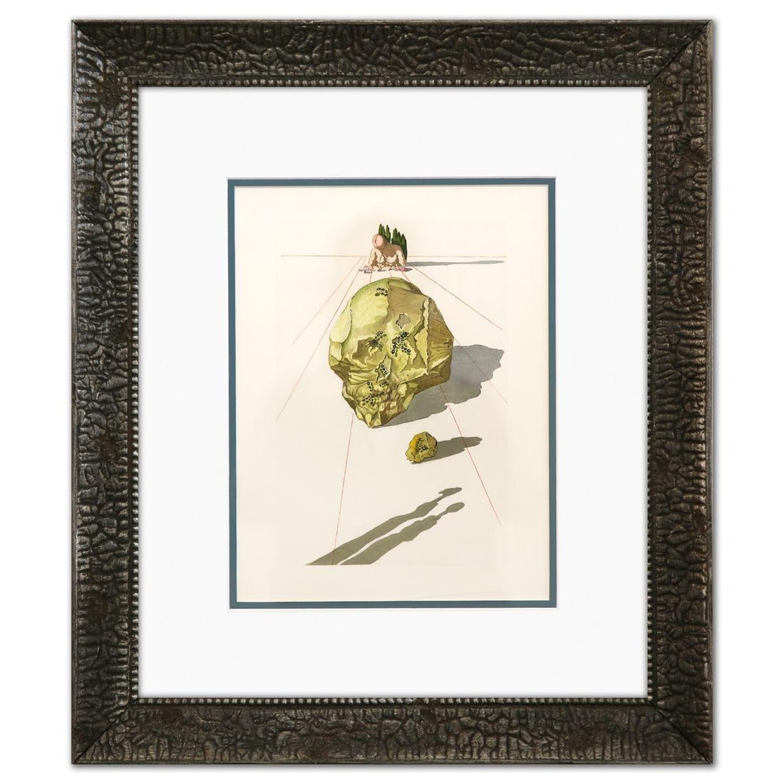 Salvador Dali- Original Color Woodcut on B.F.K. Rives Paper "Inferno 23": Artist: Salvador Dali. Medium: Original Color Woodcut on B.F.K. Rives Paper. Title: Inferno 23. Size: 13" x 10". Measures approx. 21.5" x 18.5" (framed). Certificate of Authenticity: Is included.