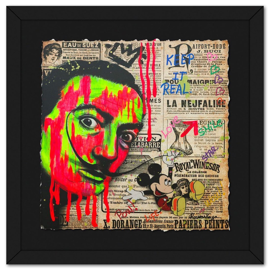 Nastya Rovenskaya- Original Mixed Media on Deckle Edge Paper "Playing His Mustache II": Artist: Nastya Rovenskaya. Medium: Original Mixed Media on Deckle Edge Paper. Title: Playing His Mustache II. Size: 16" x 16". Measures approx. 22" x 22" (framed). Signature: Hand Signed by the artist