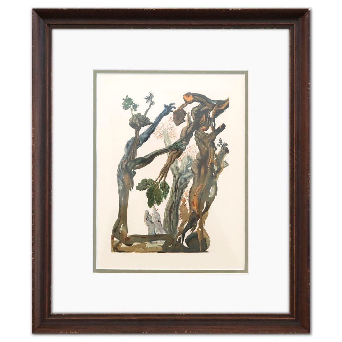 Salvador Dali- Original Color Woodcut on B.F.K. Rives Paper "Inferno 13": Artist: Salvador Dali. Medium: Original Color Woodcut on B.F.K. Rives Paper. Title: Inferno 13. Size: 13" x 10". Measures approx. 20" x 17" (framed). Certificate of Authenticity: Is included. Addition