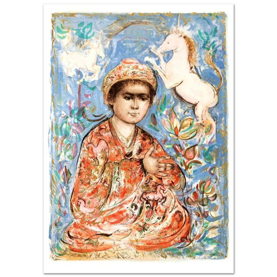 Little Rajah and the Unicorns Limited Edition Lithograph (29.5" x 41.5") by Edna Hibel (1917-2014),: Little Rajah and the Unicorns is a limited edition lithograph on paper, numbered and hand signed by Edna Hibel (1917-2014). Includes Certificate of Authenticity! Measures approx. 31.5" x 45" (with