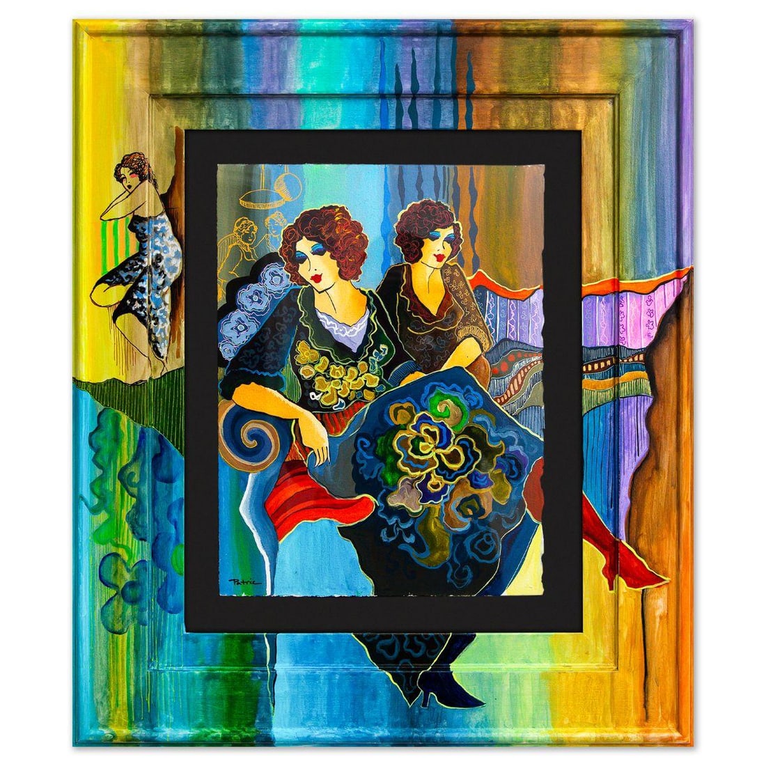 Patricia Govezensky- Original Watercolor with Hand Painted Frame "Indigo Garden Muse": Artist: Patricia Govezensky. Medium: Original Watercolor with Hand Painted Frame. Title: Indigo Garden Muse. Size: 15" x 11". Measures approx. 26" x 22" (framed). Signature: Hand Signed by the Artist.