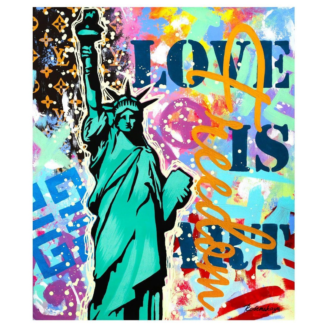 Nastya Rovenskaya- Original Oil on Canvas "Liberty Is Love": Artist: Nastya Rovenskaya. Medium: Original Oil on Canvas. Title: Liberty Is Love. Size: 24" x 20". Signature: Hand signed. Certificate of Authenticity: Is included. Reference#: 49055.
