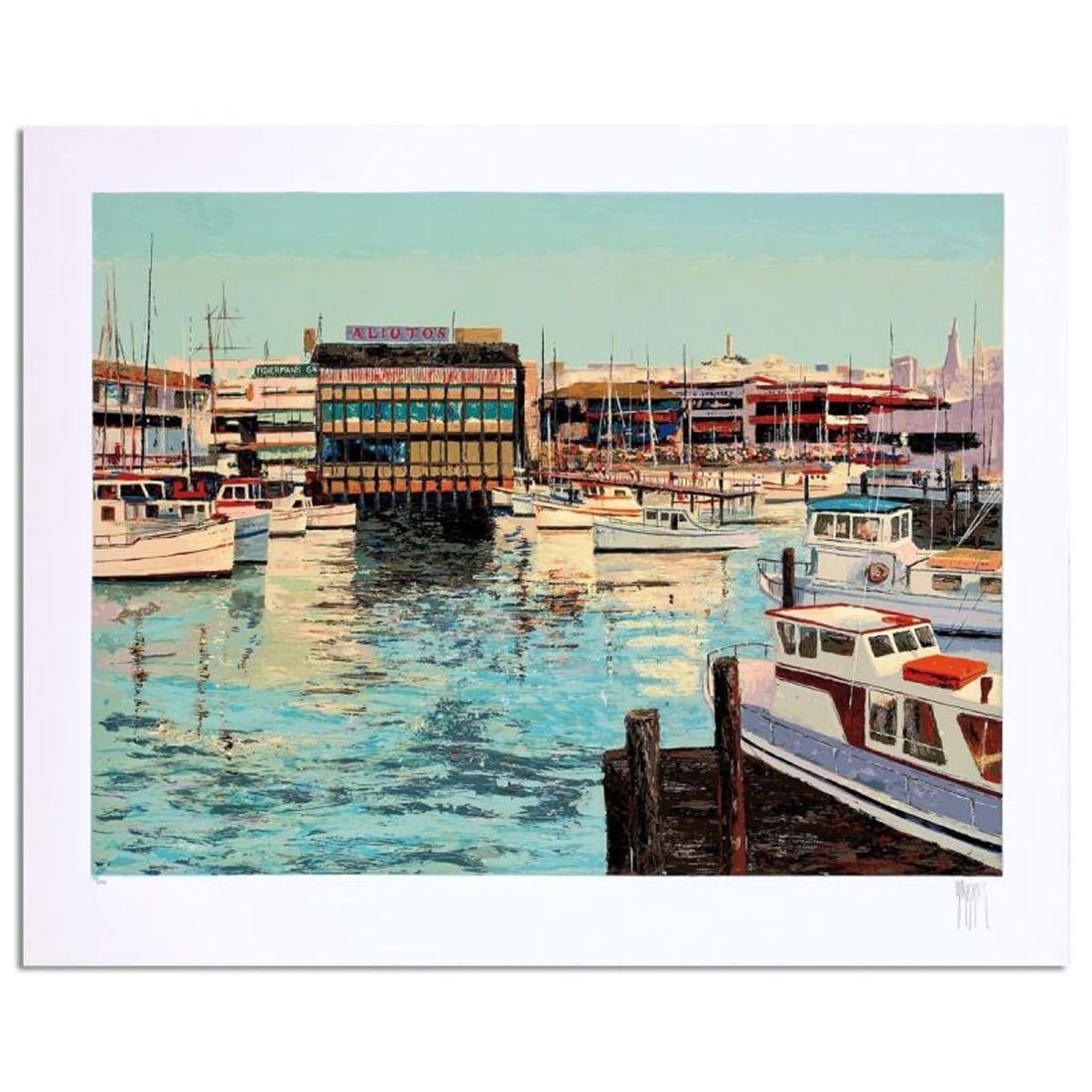 Mark King (1931-2014), "Fisherman's Wharf" Hand Signed Limited Edition Serigraph with Letter of: Fisherman's Wharf is a limited edition serigraph on paper by Mark King (1931-2014). Hand signed and numbered, this piece comes with a letter of authenticity and measures approximately 30" x 40" (image