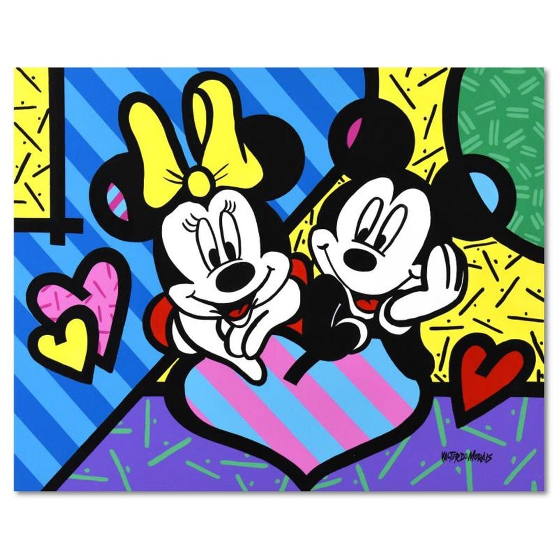 Valter Morais, "Mickey and Minnie" Original Acrylic Painting on Canvas, Hand Signed with Letter of: Mickey and Minnie is an original acrylic painting on stretched canvas by Valter Morais, hand signed by the artist. Includes Letter of Authenticity. Measures approx. 30" x 24" (image).