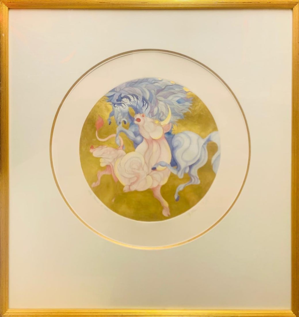 Guillaume Azulay- Hand colored with hand laid gold leaf serigraph: Artist: Guillaume Azulay. Medium: Hand colored with hand laid gold leaf serigraph. Measures approx. 38" x 38" (framed). Signature: Signed and Numbered. Additional: From the zodiacs series. Reference#: