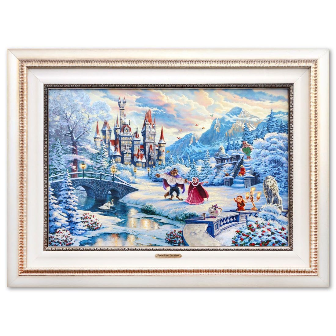 Thomas Kinkade- Hand Embellished Giclee on Canvas "Beauty and the Beast's Winter Enchantment": Artist: Thomas Kinkade. Medium: Hand Embellished Giclee on Canvas. Title: Beauty and the Beast's Winter Enchantment. Size: 17" x 26". Measures approx. 27" x 36" (framed). Signature: Hand signed and nu