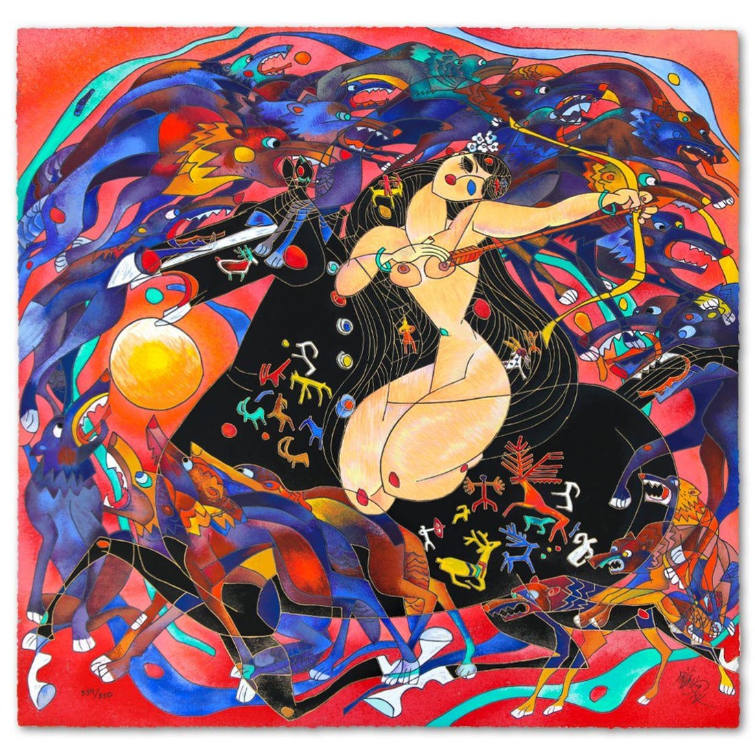 Jian Tie Feng- Silkscreen "Huntress": Artist: Jian Tie Feng. Medium: Silkscreen. Title: Huntress. Size: 33" x 33". Signature: Hand Signed and Numbered. Reference#: 80563.