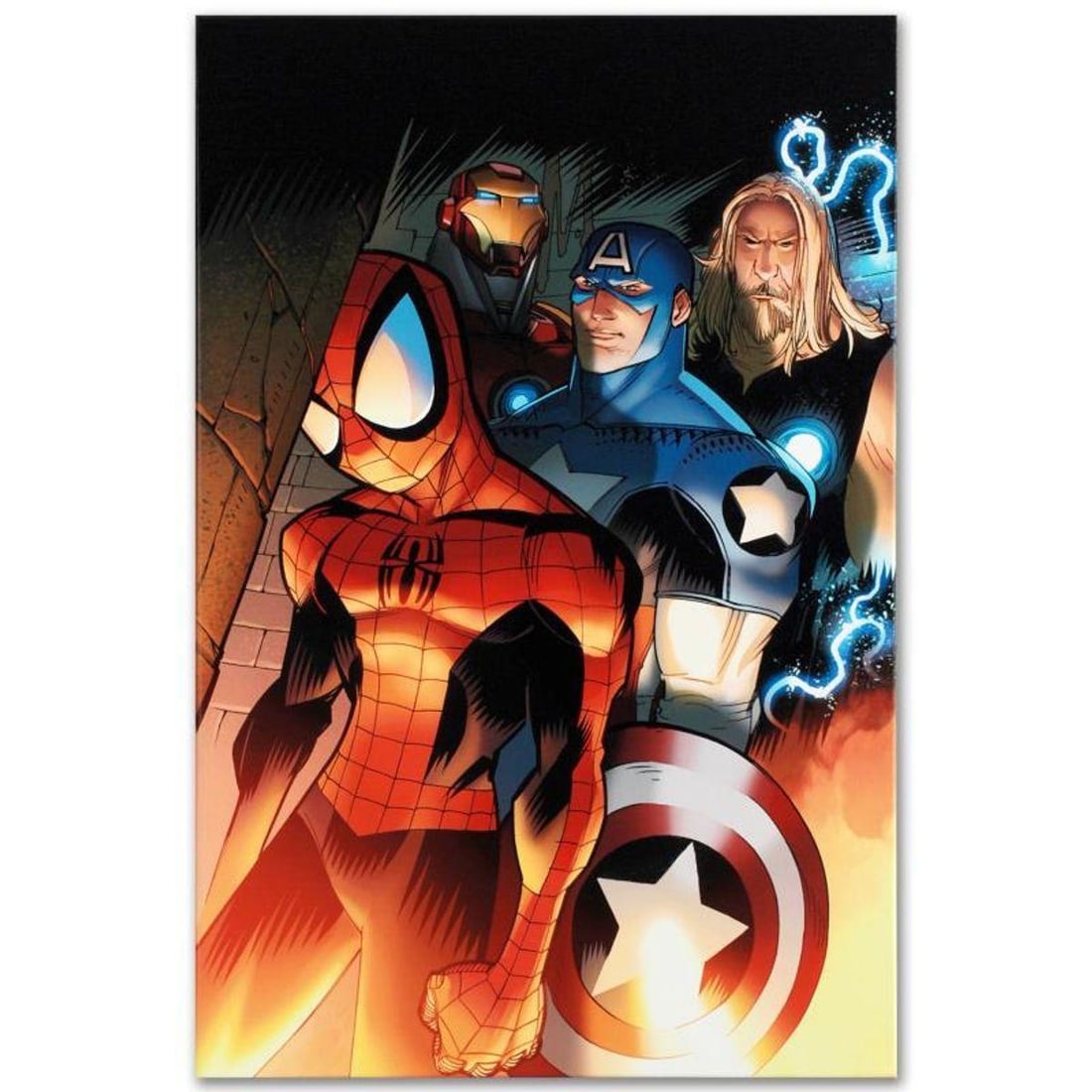Marvel Comics "Ultimate Spider-Man #151" Numbered Limited Edition Giclee on Canvas by David Lafuente: A piece of comic book history, this limited edition, from original art by David Lafuente, depicts the classic characters Spider-Man, Captain America, Iron Man, and Thor. David Lafuente has drawn cover