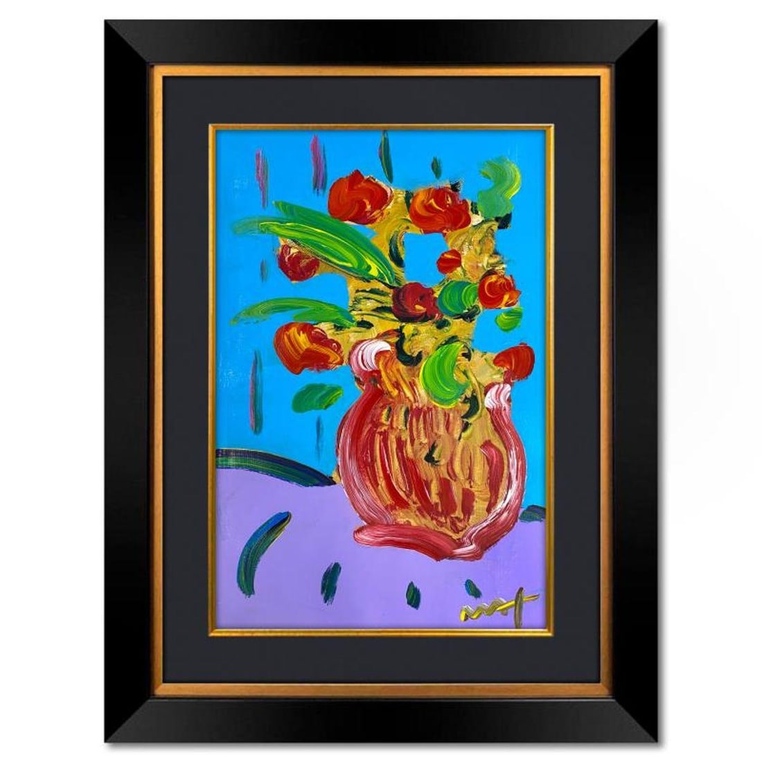 Peter Max, "Abstract Flower" Framed One-of-a-Kind Mixed Media, Hand Signed with Registration Number: Abstract Flower is a one-of-a-kind mixed media on paper, hand signed by Peter Max. The piece comes custom framed with a backside cutout to display Peter Max Studio registration number 230069 certifyin