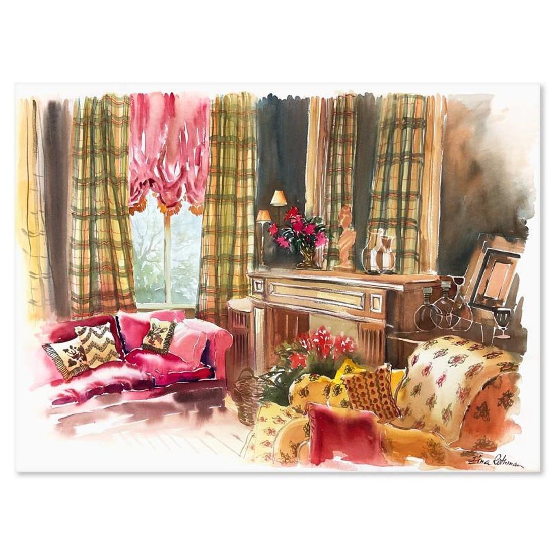 Zina Roitman, Original Watercolor Painting, Hand Signed with Letter of Authenticity.: This is an original watercolor painting on paper by Zina Roitman, hand signed by the artist. Includes Letter of Authenticity. Measures approx. 41.5" x 31" (border), 39" x 29" (image).