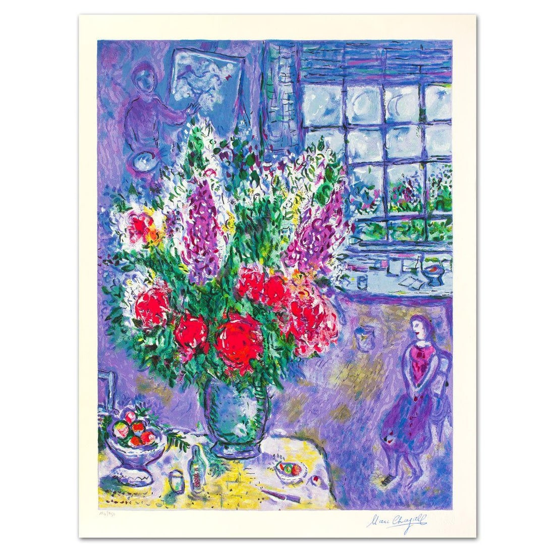 Marc Chagall- Serigraph "Autoportrait Avec Bouquet": Artist: Marc Chagall. Medium: Serigraph. Title: Autoportrait Avec Bouquet. Size: 31.5" x 24". Signature: Stamp signed and numbered. Certificate of Authenticity: Is included. Additional: Printed by ATE