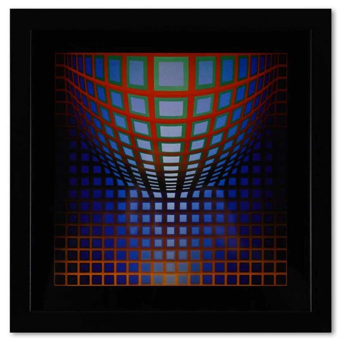 Victor Vasarely (1908-1997), "Kezdi - Vega de la serie Structures Universelles Du Damier" Framed: Kezdi - Vega de la serie Structures Universelles Du Damier is a heliogravure print on paper, published in 1975, by Victor Vasarely (1908-1997). This piece comes custom framed, with a letter of authent