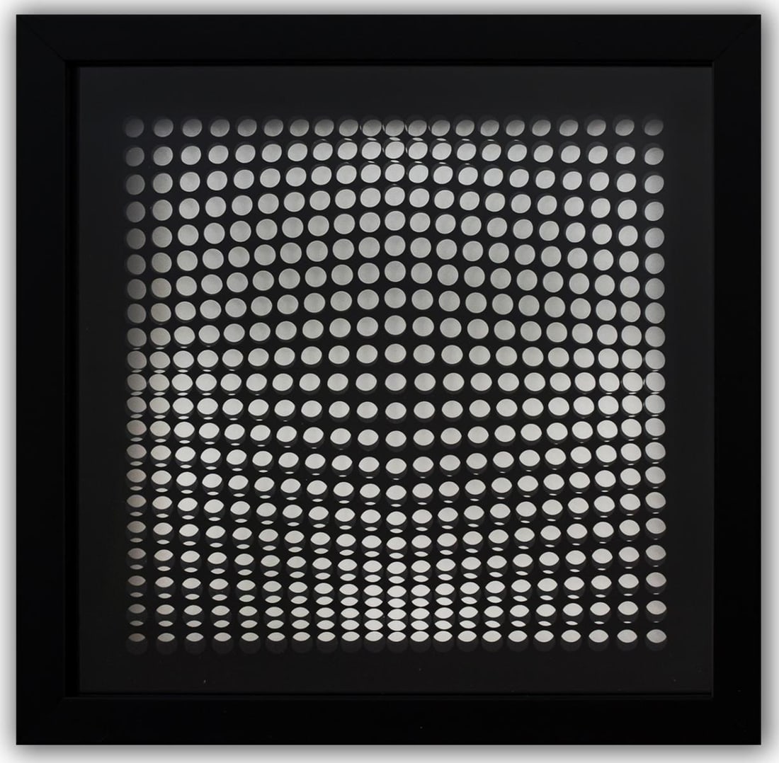 Victor Vasarely- 3D Wall Sculpture/object "Cinetiques": Artist: Victor Vasarely. Medium: 3D Wall Sculpture/object. Title: Cinetiques. Size: 10" x 10". Measures approx. 12" x 12" (framed). Additional: Custom Framed. 2 layers- Top layer printed on clear Luci