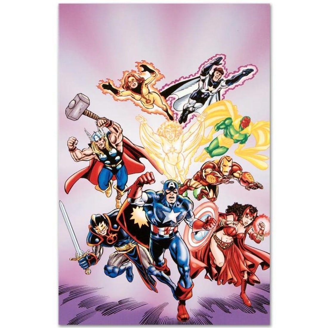 Marvel Comics "Avengers #16" Numbered Limited Edition Giclee on Canvas by Jerry Ordway with COA.: A piece of comic book history, this limited edition, from original art by Jerry Ordway, depicts Captain America, Scarlet Witch, Iron Man, Vision, Firestar, Thor, Justice, Firebird, and Swordsman. Jerr