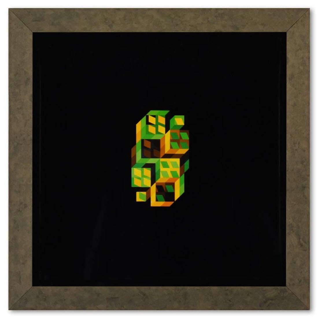 Victor Vasarely (1908-1997), "Tridim - P de la serie Hommage A L'Hexagone" Framed 1971 Heliogravure: Tridim - P de la serie Hommage A L'Hexagone is a heliogravure print on paper, published in 1971, by Victor Vasarely (1908-1997). This piece comes custom framed, with a letter of authenticity and with 