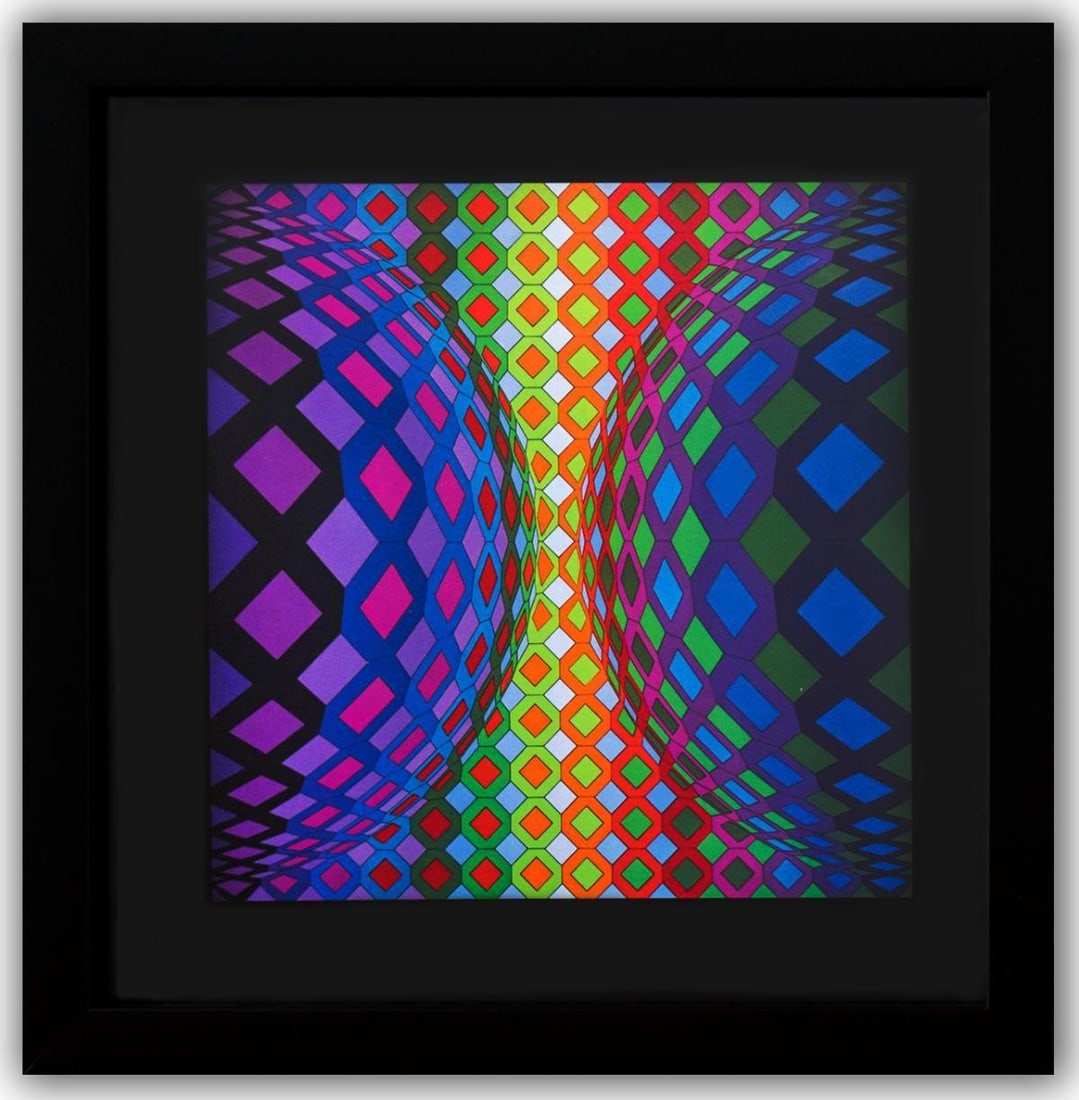 Victor Vasarely- Heliogravure Print "Reech": Artist: Victor Vasarely. Medium: Heliogravure Print. Title: Reech. Size: 10" x 10". Measures approx. 12" x 12" (framed). Additional: Custom Framed , 1975. Reference#: 21396.