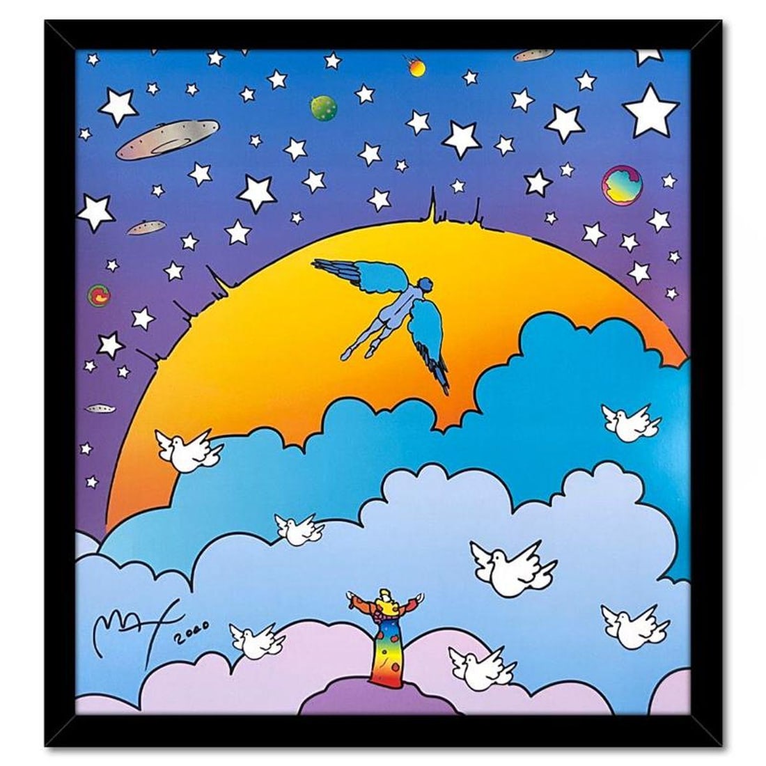 Peter Max, "Beginning of a New Age" Framed Hand Signed Offset Lithograph with Letter of: Beginning of a New Age is an offset lithograph on paper by Peter Max, hand signed by the artist. This piece comes custom framed. Includes Letter of Authenticity. Measures approx. 28" x 22" (frame), 19