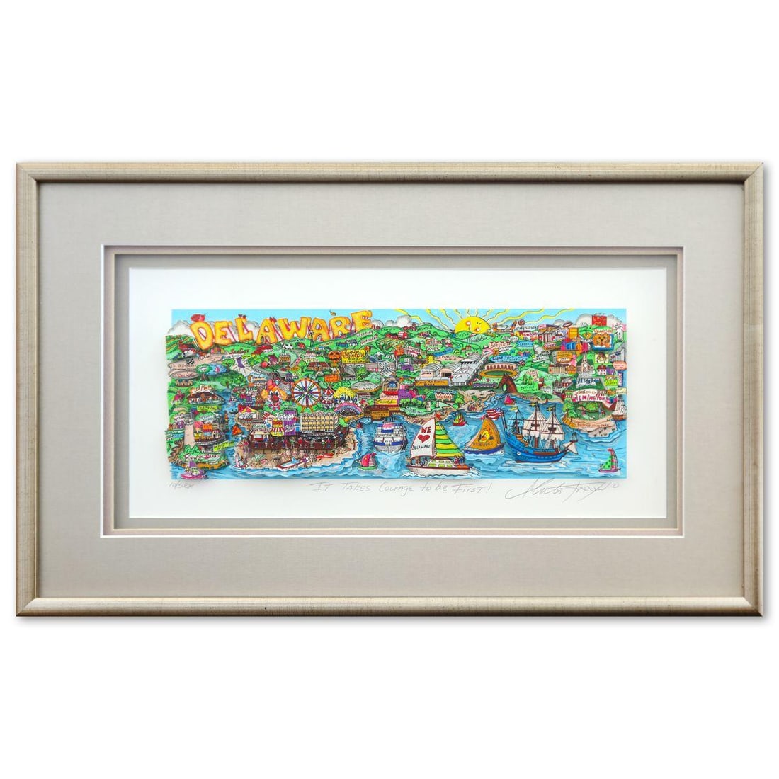 Charles Fazzino- 3D Construction Silkscreen Serigraph "It Takes Courage to be First!": Artist: Charles Fazzino. Medium: 3D Construction Silkscreen Serigraph. Title: It Takes Courage to be First!. Size: 10" x 22". Measures approx. 17" x 29" (framed). Signature: Hand Signed and numbered. 