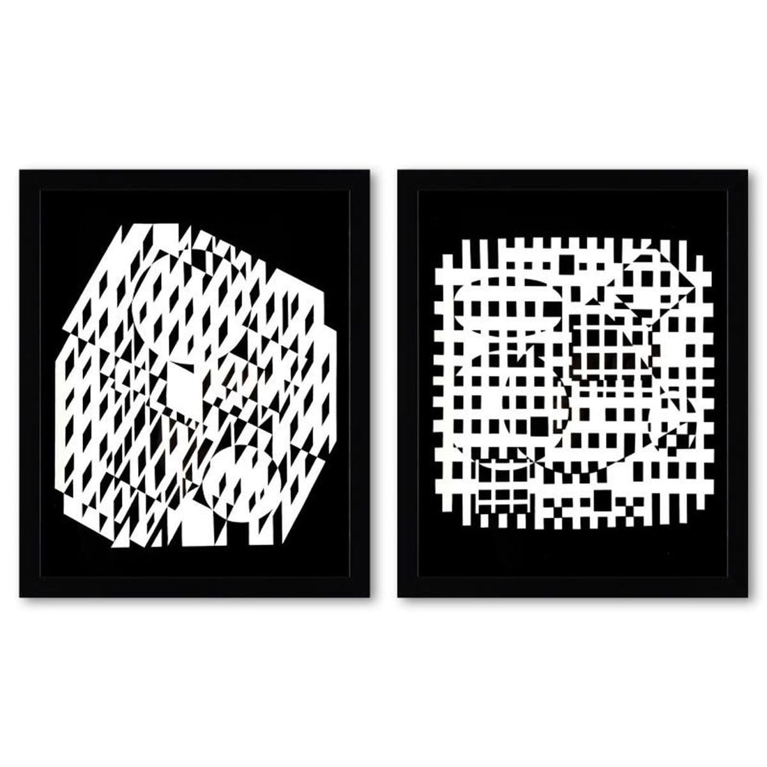 Victor Vasarely (1908-1997), "VAH-NEG et Nethe de la serie Croises (Diptych)" Framed 1973: VAH-NEG et Nethe de la serie Croises (Diptych) is a set of heliogravure prints on paper, published in 1973, by Victor Vasarely (1908-1997). These pieces come custom framed, with a letter of authentici