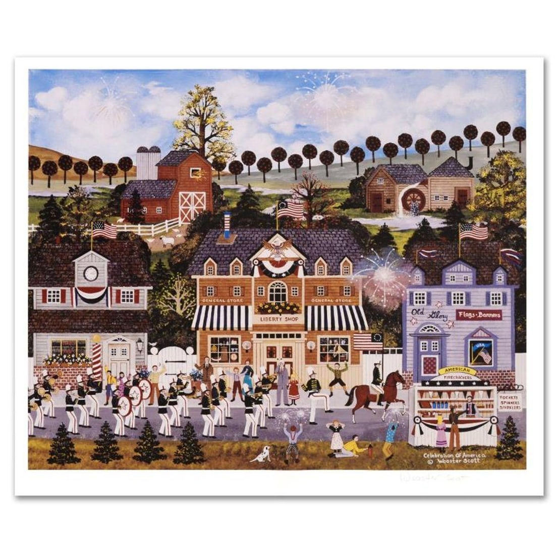 Jane Wooster Scott, "Celebration of America" Hand Signed Limited Edition Lithograph with Letter of: Celebration of America is a limited edition lithograph on paper by Jane Wooster Scott. The piece is hand signed and numbered and comes with a letter of authenticity. Measures approx. 22" x 19.5" (with