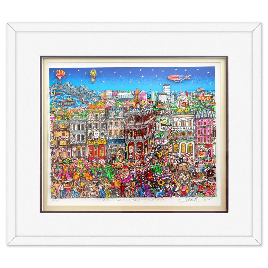 Charles Fazzino- 3D Construction Silkscreen Serigraph "New Orleans and All That Jazz": Artist: Charles Fazzino. Medium: 3D Construction Silkscreen Serigraph. Title: New Orleans and All That Jazz. Size: 19" x 23". Measures approx. 27" x 30" (framed). Signature: Hand signed and numbered. 