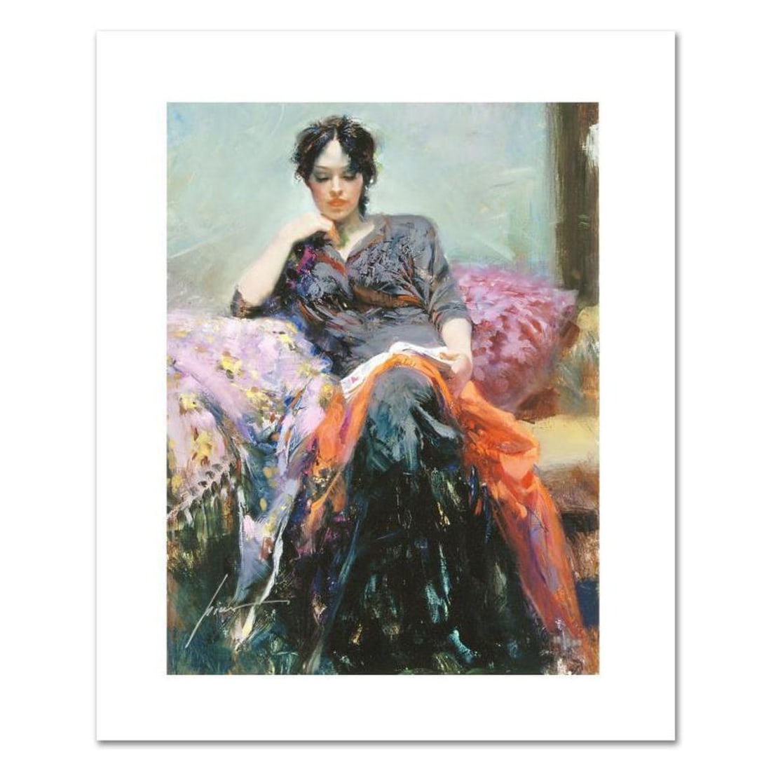 Pino (1939-2010), "Her Favorite Book" Limited Edition on Canvas, Numbered 117/500 and Hand Signed: Her Favorite Book is a limited edition giclee on canvas by Pino (1939-2010), numbered 117/500 and hand signed by the artist. Includes Certificate of Authenticity. Measures approx. 16" x 12" (image).