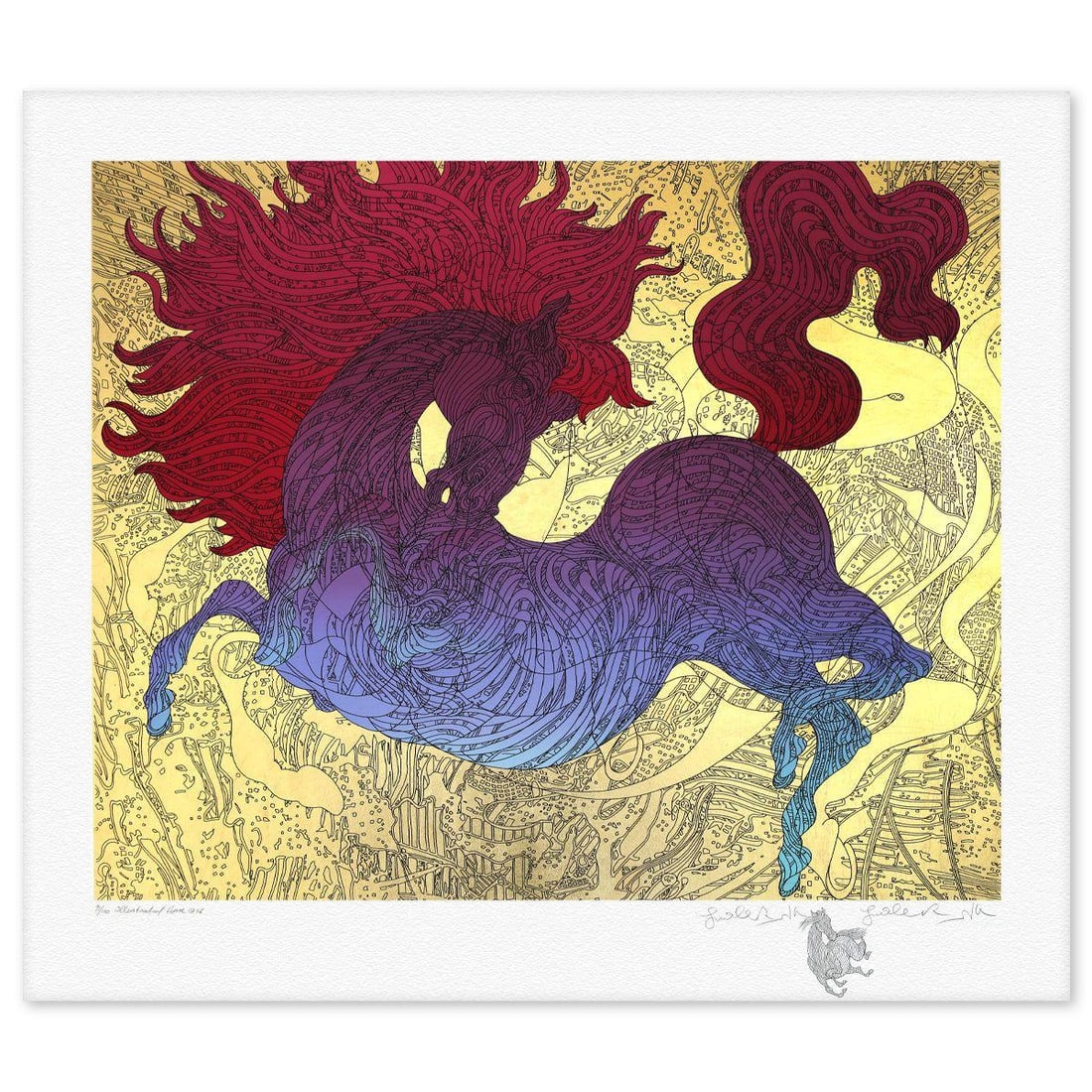 Guillaume Azoulay- Gold Leaf Serigraph "Le Cheval Ilustre": Artist: Guillaume Azoulay. Medium: Gold Leaf Serigraph. Title: Le Cheval Ilustre. Size: 34" x 38". Signature: Hand Signed and Numbered. Certificate of Authenticity: Is included. Reference#: 81536.