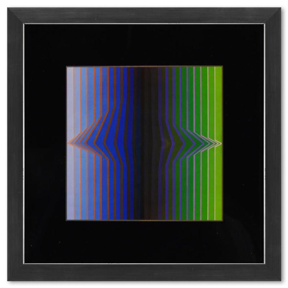 Victor Vasarely (1908-1997), "Ilile - III de la serie Vonal" Framed 1971 Heliogravure Print with: Ilile - III de la serie Vonal is a heliogravure print on paper, published in 1971, by Victor Vasarely (1908-1997). This piece comes custom framed, with a letter of authenticity and with a 1976 Vasarel
