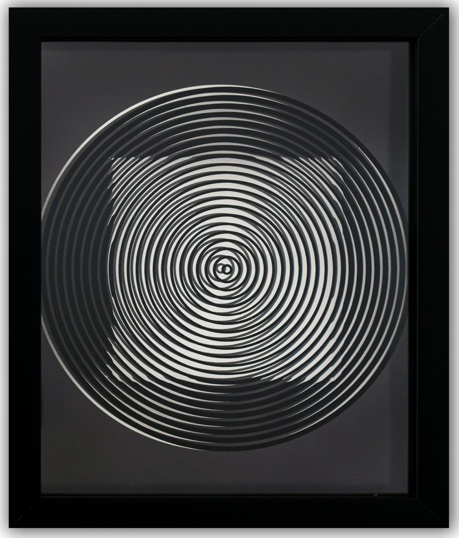 Victor Vasarely- 3D Wall Sculpture/object "Cinetiques": Artist: Victor Vasarely. Medium: 3D Wall Sculpture/object. Title: Cinetiques. Size: 11" x 9". Measures approx. 13" x 10.5" (framed). Additional: Custom Framed. 2 layers- Top layer printed on clear Luc