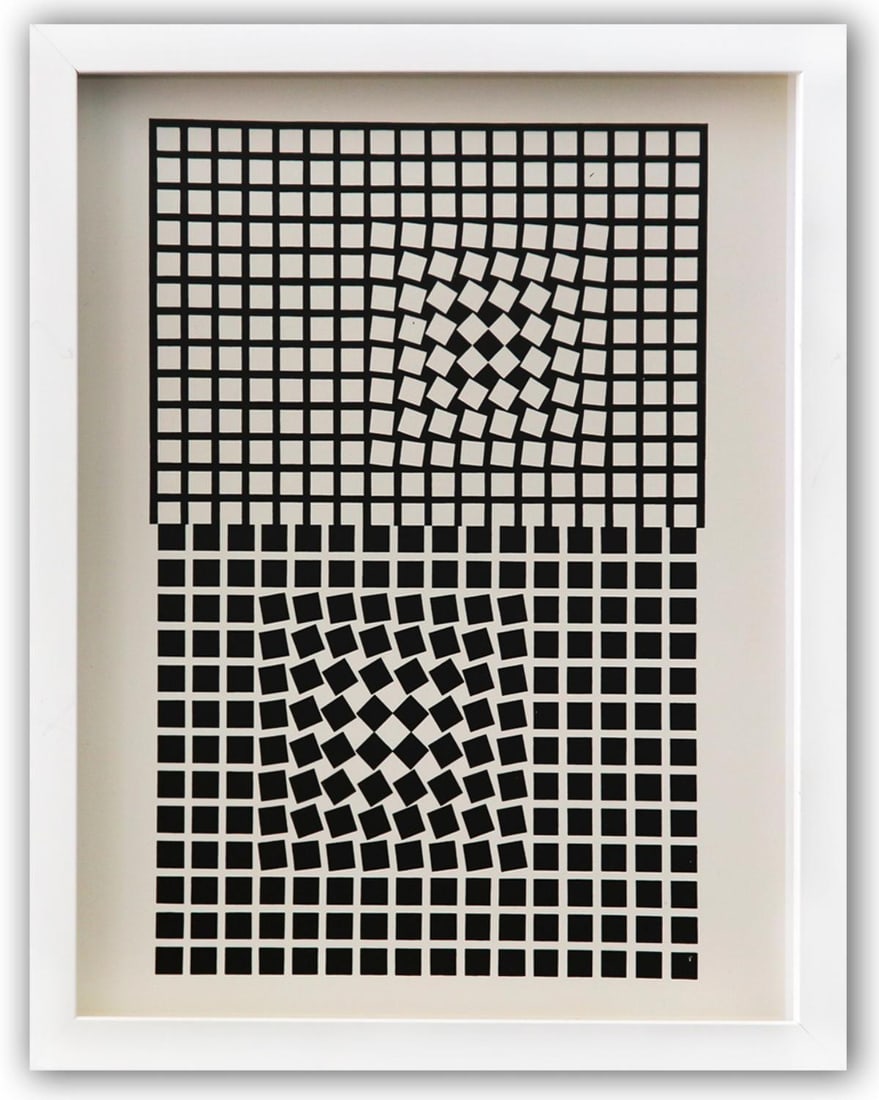 Victor Vasarely- Heliogravure Print "Untitled": Artist: Victor Vasarely. Medium: Heliogravure Print. Title: Untitled. Size: 14" x 11". Measures approx. 15" x 12" (framed). Additional: Custom Framed. Reference#: 21589.