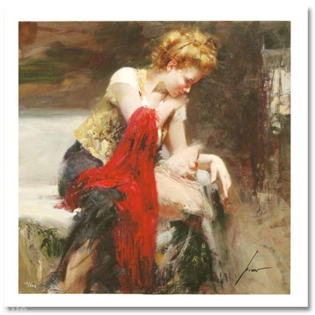 Pino (1939-2010) "Anticipation" Limited Edition Giclee. Numbered and Hand Signed; Certificate of: Anticipation is a limited edition giclee on paper by Pino (1939-2010). The piece comes numbered and is hand signed by the artist. Includes Certificate of Authenticity. Measures approximately 16 x 16" 