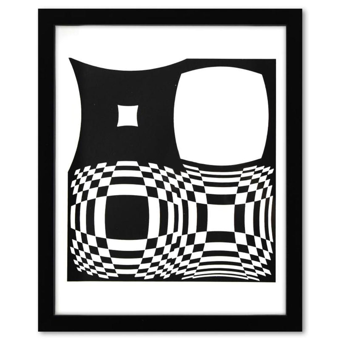 Victor Vasarely (1908-1997), "Japet de la serie Croises" Framed 1973 Heliogravure Print with Letter: Japet de la serie Croises is a heliogravure print on paper, published in 1973, by Victor Vasarely (1908-1997). This piece comes custom framed, with a letter of authenticity and with a 1976 Vasarely pa