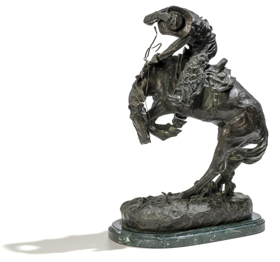Frederic Remington- Bronze on marble base "The Rattlesnake": Artist: Frederic Remington. Medium: Bronze on marble base. Title: The Rattlesnake. Size: 9" x 12". Reference#: 28426.