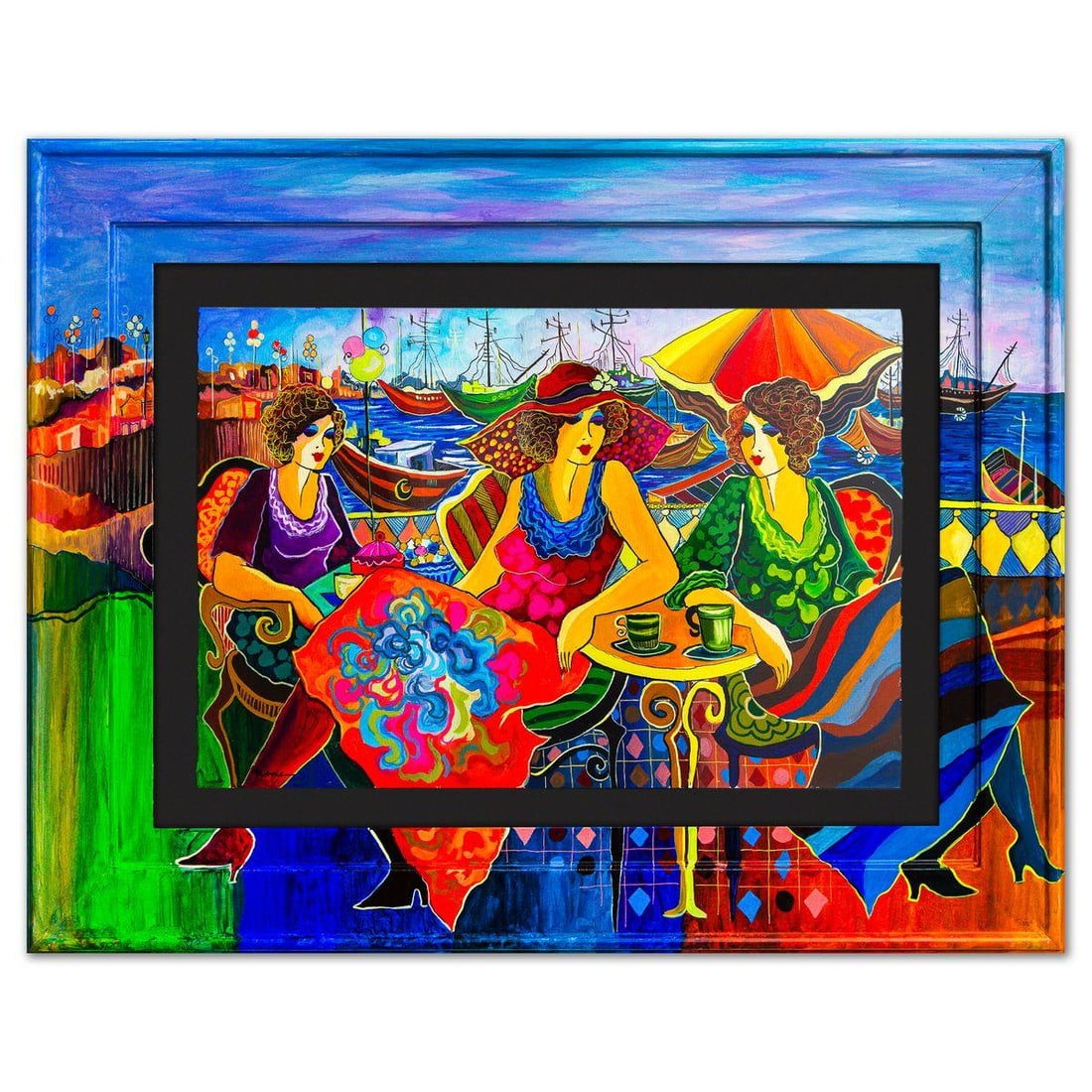 Patricia Govezensky- Original Watercolor with Hand Painted Frame "Women of the Cafe": Artist: Patricia Govezensky. Medium: Original Watercolor with Hand Painted Frame. Title: Women of the Cafe. Size: 15" x 22". Measures approx. 25" x 33" (framed). Signature: Hand Signed by the Artist. 
