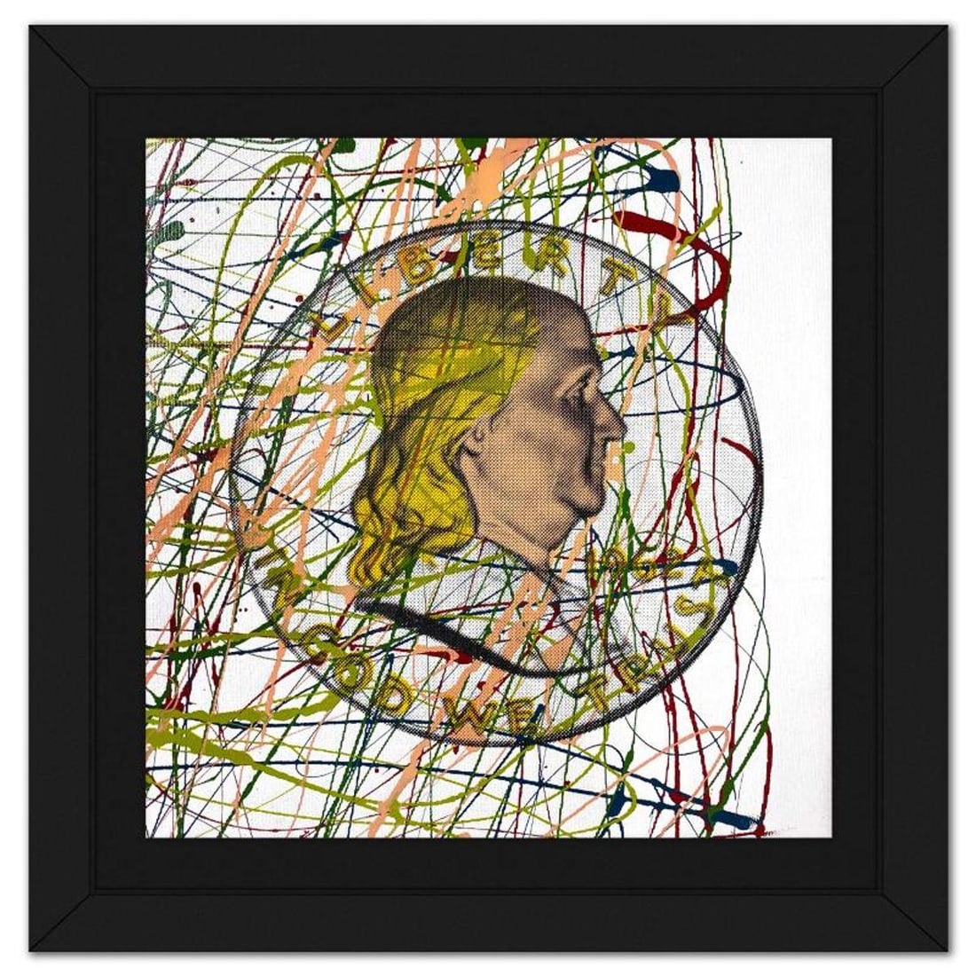 Steve Kaufman (1960-2010), "Ben Half Dollar" Framed Hand Embellished Limited Edition Silscreen,: Ben Half Dollar is a hand embellished limited edition silkscreen on canvas by Andy Warhol protege, Steve Kaufman (1960-2010), numbered 37/50 inverso and hand signed by the artist. This piece comes