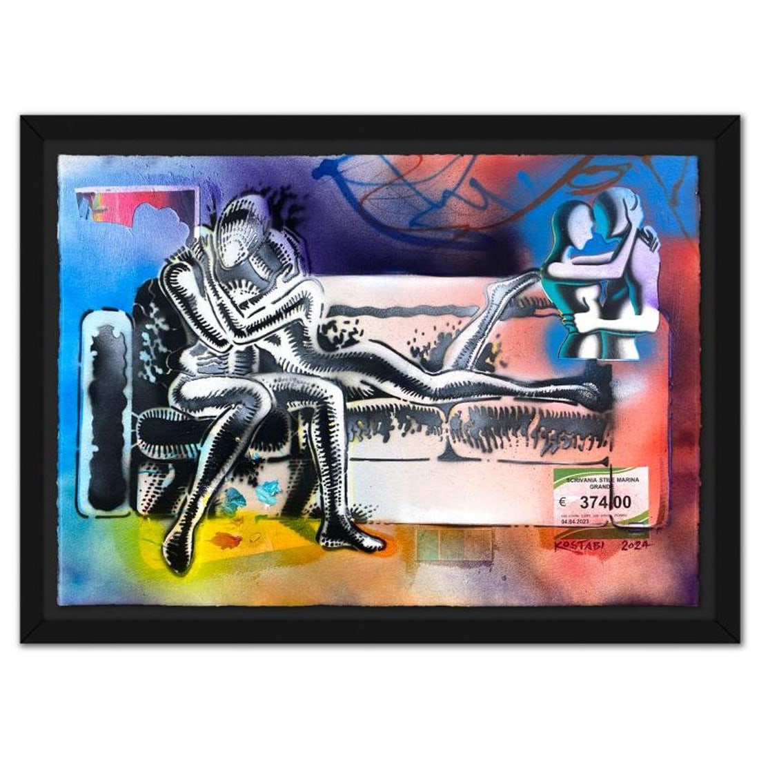 Mark Kostabi, "Echoes of Connection" Framed Original Mixed Media Painting, Hand Signed with (1 of 4)